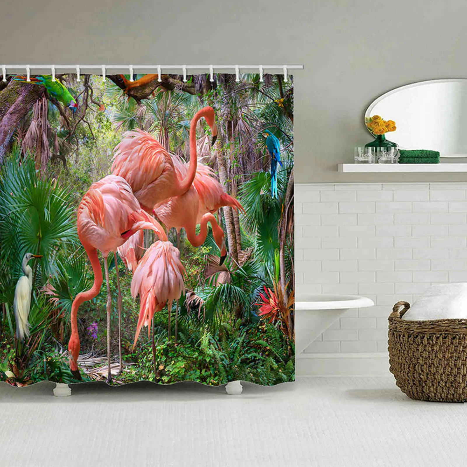 緑の熱帯の植物のモンスターヤシの葉のシャワーカーテン春のテーマのファッション防水生地家のバスルームの装飾カーテン211116