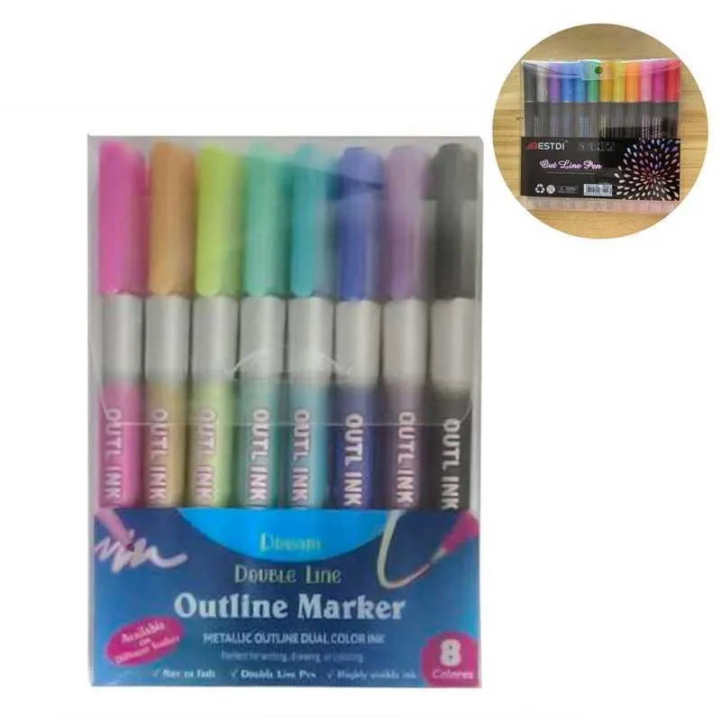 i glitter metallici pennarelli colorati contorni pennarelli arte kawaii penna a doppia linea la scuola disegno forniture d'arte penna 210705