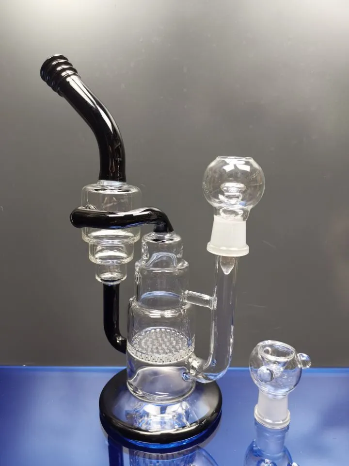 Czarne szklane bongs klasyczne podwójne ciasto recyklator rur palenia rur dab platformy wodne bong z stawem 18,8 mm