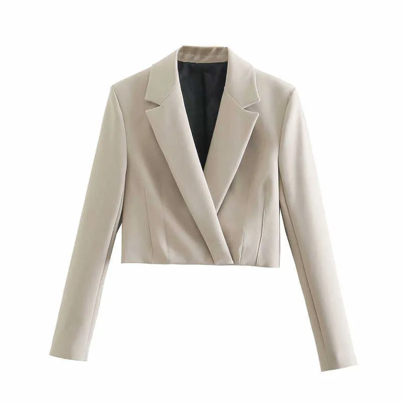 Za épaulettes recadrée Blazer femmes à manches longues Vintage printemps manteau Blazers femme Chic avant Wrap caché bouton haut 210602