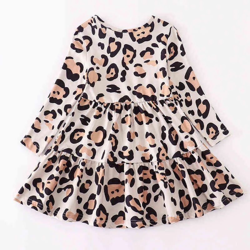 Girlymax Baby Girls Chlidren Kids Clothing Milk Silk Leopard Ruffles Twirl Dress Knee Length Long Sleeve 211231
