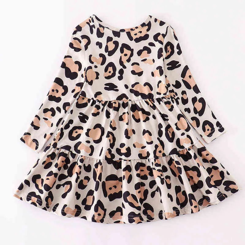 Girlymax baby meisjes chlidren kids kleding melk zijde luipaard ruches twirl jurk knielengte lange mouw 211231