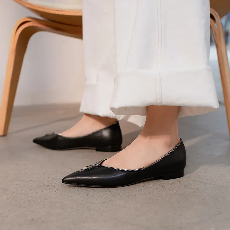 Damen-Pumps, Naturleder, Rindsleder, Obermaterial aus Schweinsleder, Damenschuhe, personalisierter Frontreißverschluss, 2021 Frühling, schwarze Low-Heels-Pumps