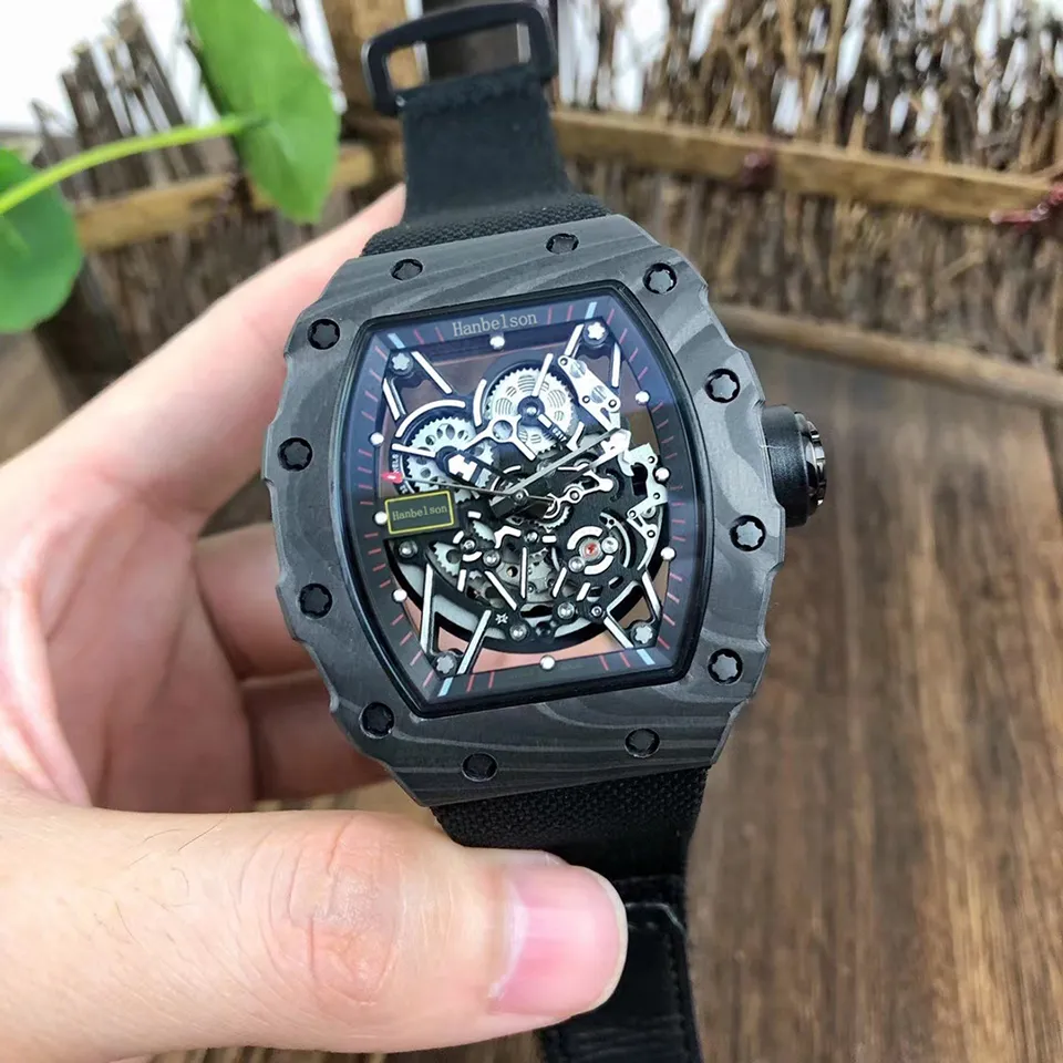 whole Carbon fiber Montre De Luxe Mens Watches Wristwatches Automatic movement Skeleton dial Woven cloth strap Hanbelson247d