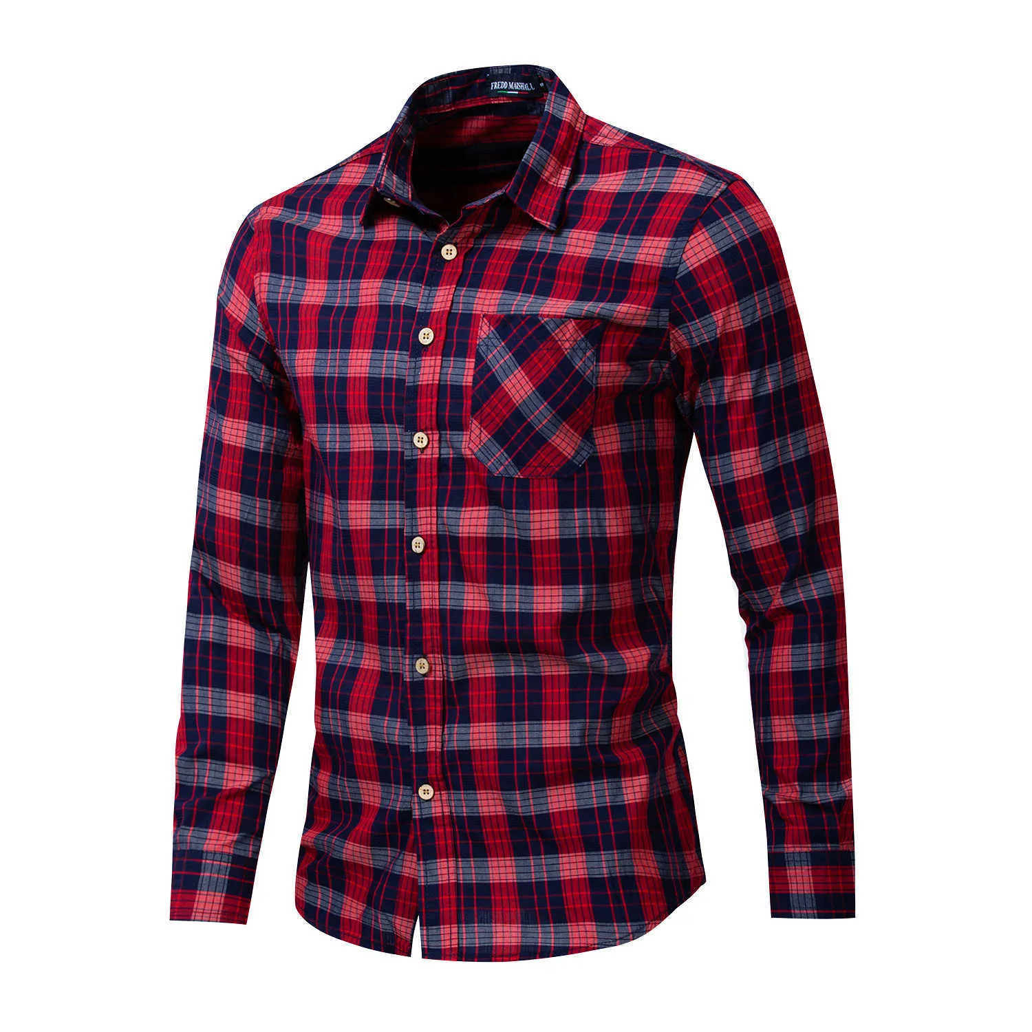 Fredd Marshall Fashion Red Plaid Shirt Men Casual Długim Rękawem Slim Fit Koszulki z kieszenią 100% bawełna EUR Duży rozmiar 198 210527