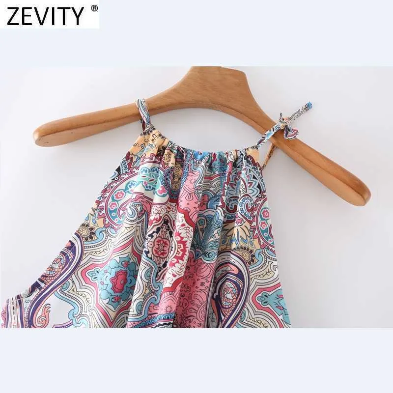 Zevity Femmes Vintage Totem Noix De Cajou Fleur Imprimer Halter Mini Robe Femme Chic Bohème Robes Casual Vêtements DS8322 210603