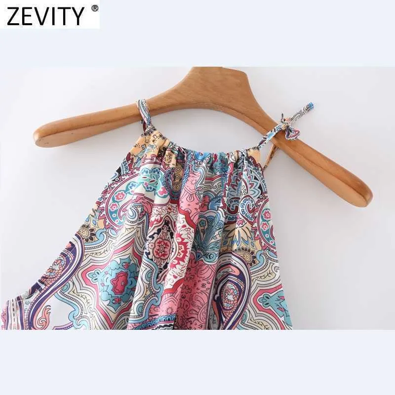 Zevity Women Vintage Totem Cashew Nuts Flower Print Halter Mini Dress Female Chic Bohemian Vestidos Casual Clothing DS8322 210603