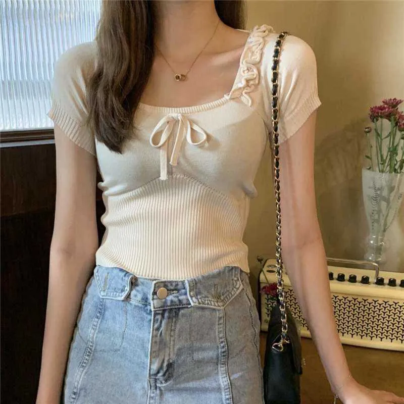 Womengaga Summer Cienkie dzianiny Francuski Koreański Kołnierz Kołnierz Lace Up Bow Top Slim Short T Shirt Tee X7UO 210603