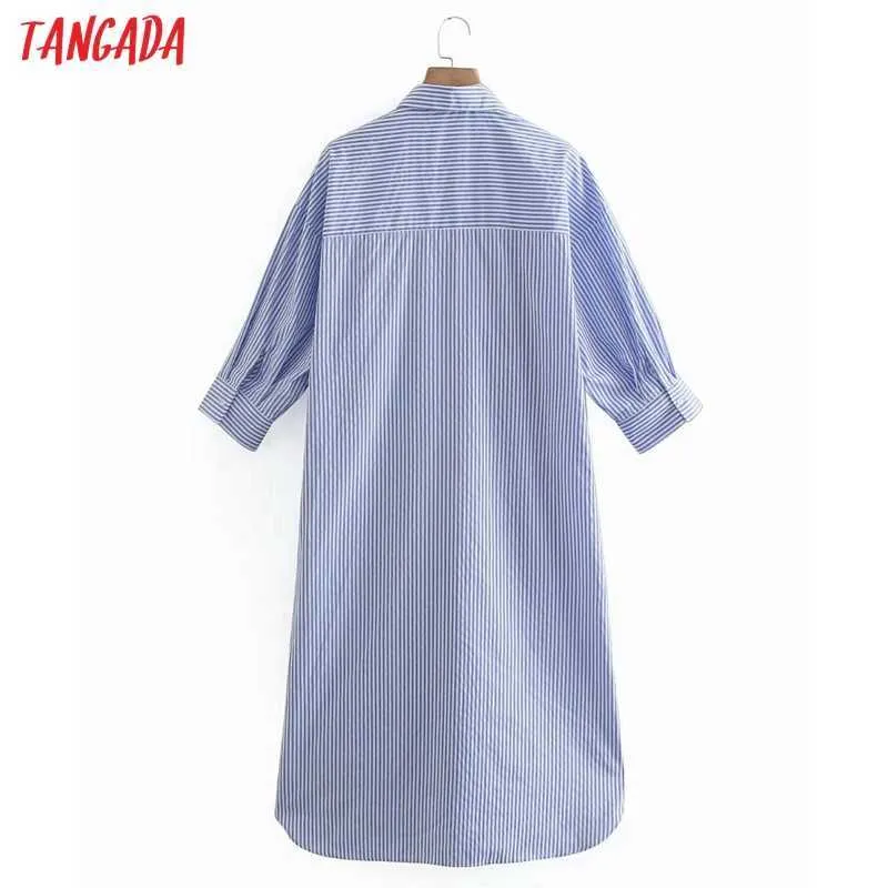 Tangada Mode Femmes Bleu Rayé Imprimé Chemise surdimensionnée Robe Demi-manche High Street Dames Robe Midi XN242 210609