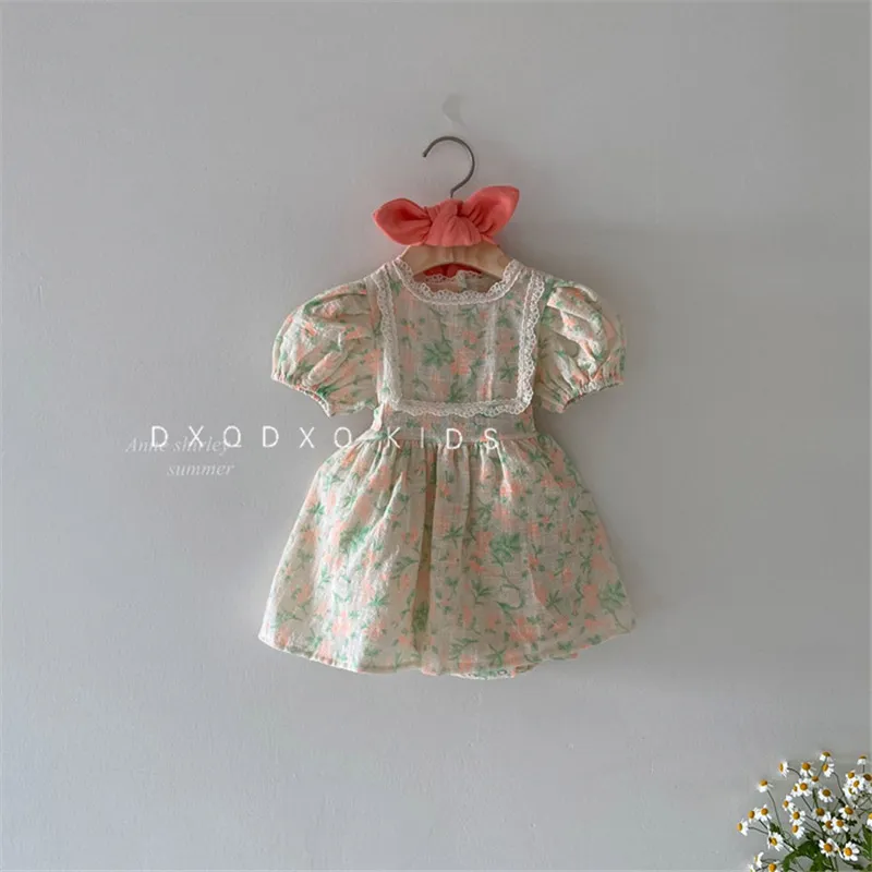 Coreano estilo criança menina verão vintage tutu vestido floral padrão crianças meninas manga curta vestidos bebê moda verão 210331
