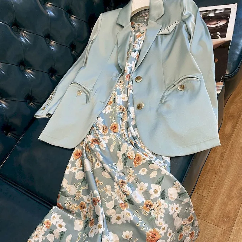 Women Blazer Dress Elegant Two-Piece Fashion Suits spring Autumn Fried Street suit Jackets and Floral sling dresses Sets 220302