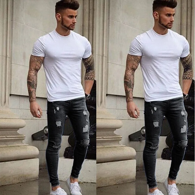 Dehnbare Herren-Biker-Jeans, Röhrenjeans, im Destroyed-Stil, mit Klebeband, schmale Passform, Bleistifthose, zerrissene Jeans für Männer, Hellblau, S-XXXL, Größe 29 38