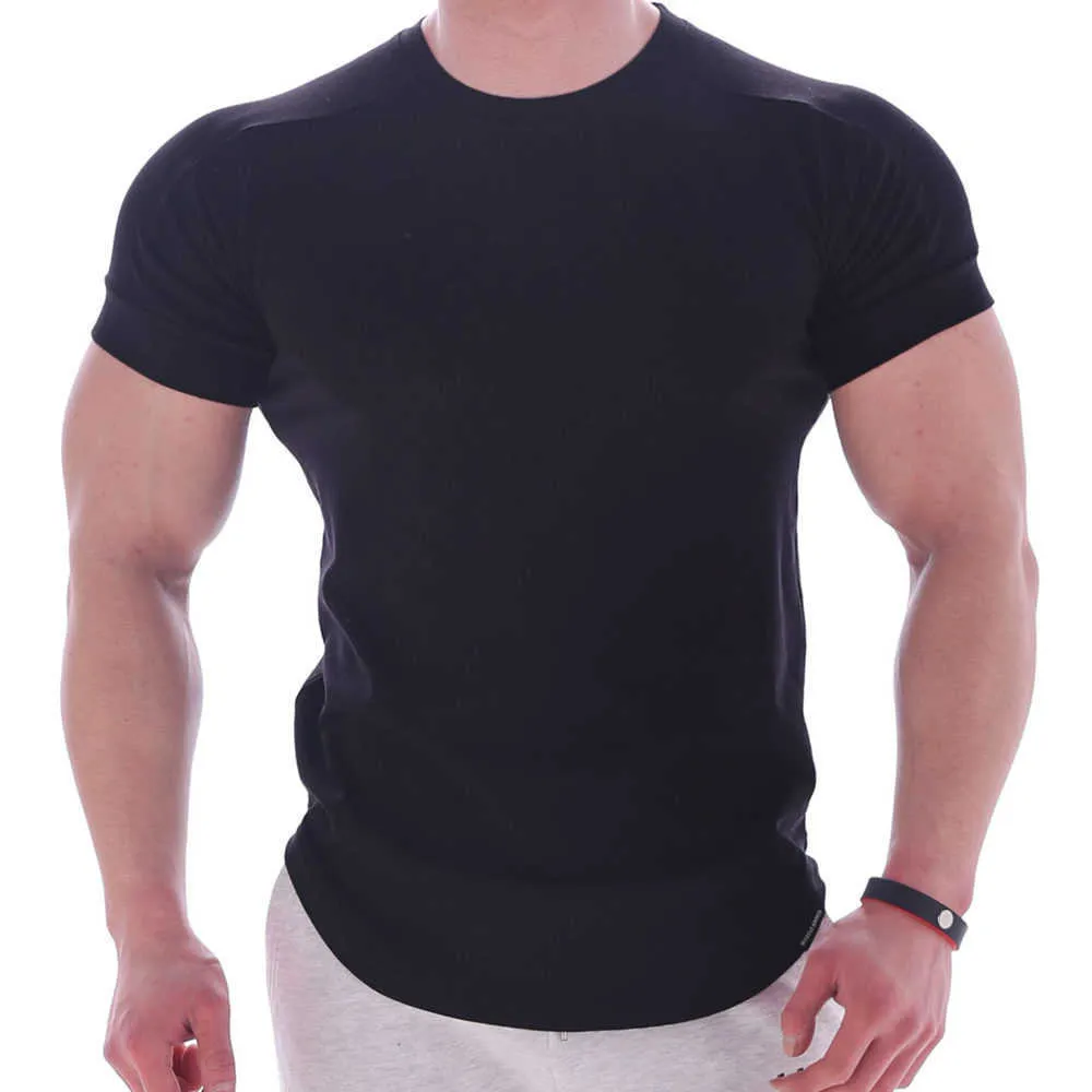 Повседневная сплошная футболка с коротким рукавом мужчины тренажерный зал Фитнес спортивный хлопок футболка мужской бодибилдинг тощий тройник летние топы одежда 210629