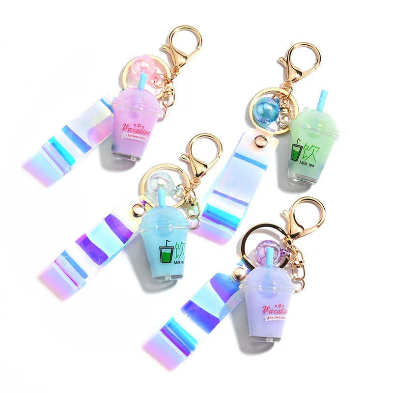 Leuke Mini Fles Sleutelhanger Diy Melk Thee Sleutelhanger Bewegende Vloeistof Tas Charm Sieraden Accessoires Vrouwen Luxe Cool Gift Groothandel G1019