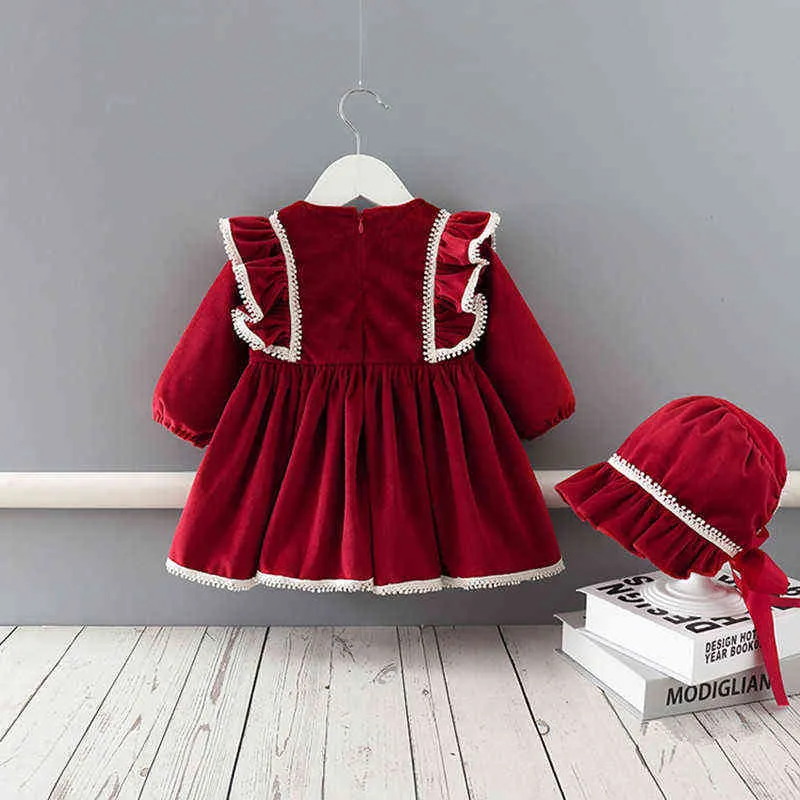 Winter Wear Baby Girls Christmas Clothes Set Kids Dresses Tjocken Velvet Klänning med hatt för år 0-4T 211231