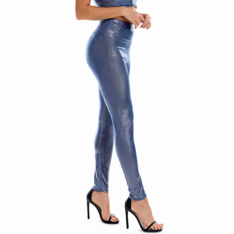 Mulheres Brilhantes Leggings Holográficos Metálicos Sexy Cintura Alta Elástico PU Couro Calças Skinny Calças Long Gótico 211215