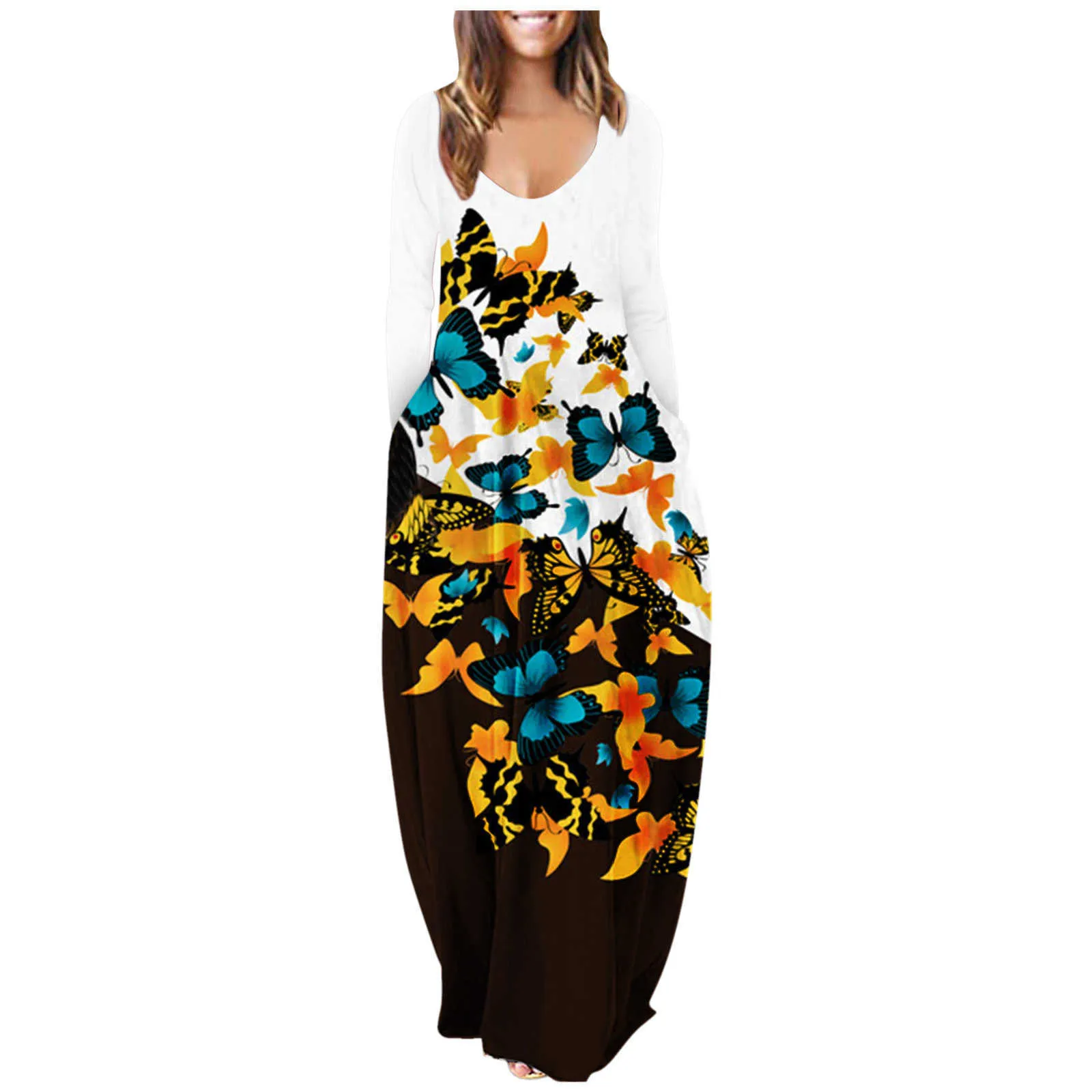 Femmes 2021 lâche poche Boho Vintage Befree trou robe pleine à manches longues printemps fête plage Maxi robes grand grand grande taille Y1006