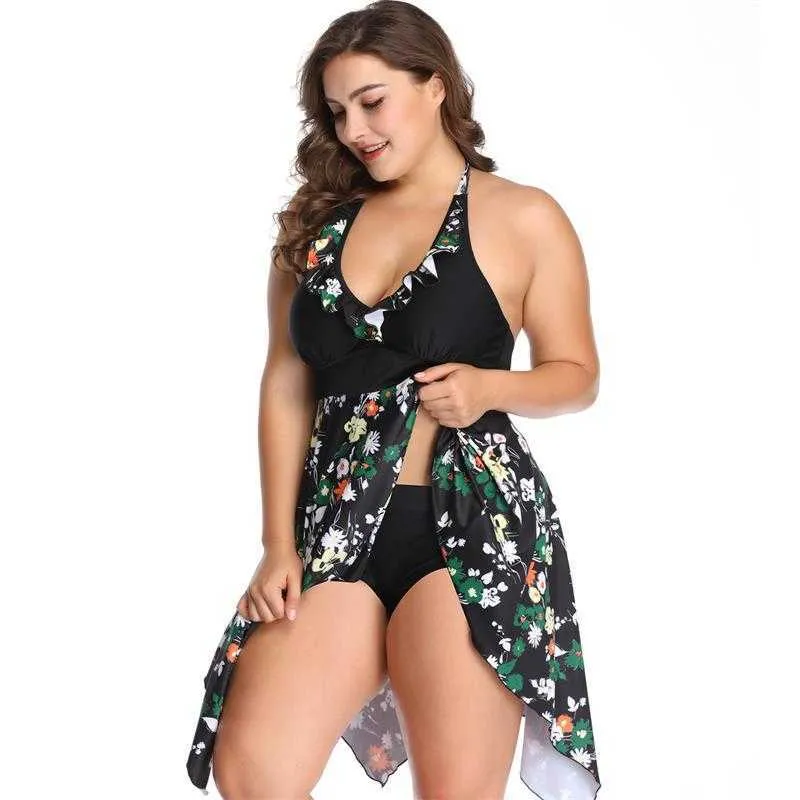 Plus Size Badeanzug Tankini Set Bademode 6XL Frauen Schwimmen 2 Stück Druck Große große Brüste Halter Badeanzug Beachwear Swimdress 210630