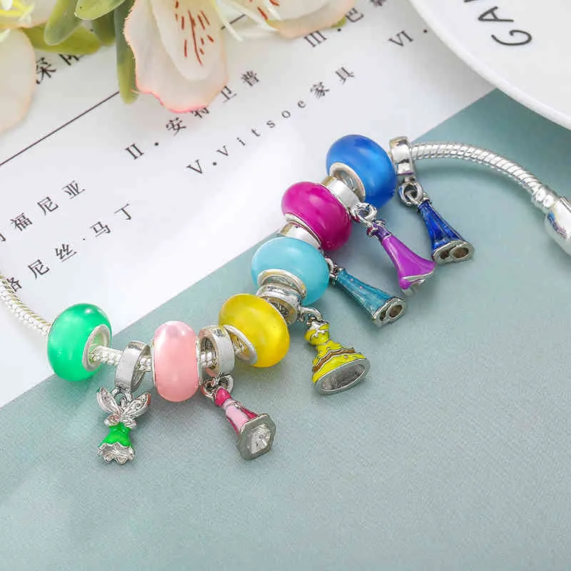 Bijoux Colorful Princess Dress Bracelet Cute Pendant Charm Bracelet Crystal Beads Brand For Kids Women Jewelry