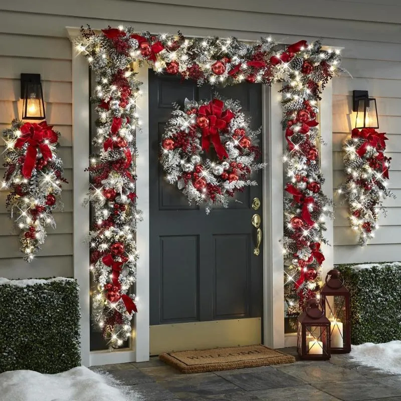 Couronnes de fleurs décoratives 20 30 cm Le sans fil pré-éclairé rouge et blanc garniture de vacances couronne de porte d'entrée fête de mariage de Noël Deco2955