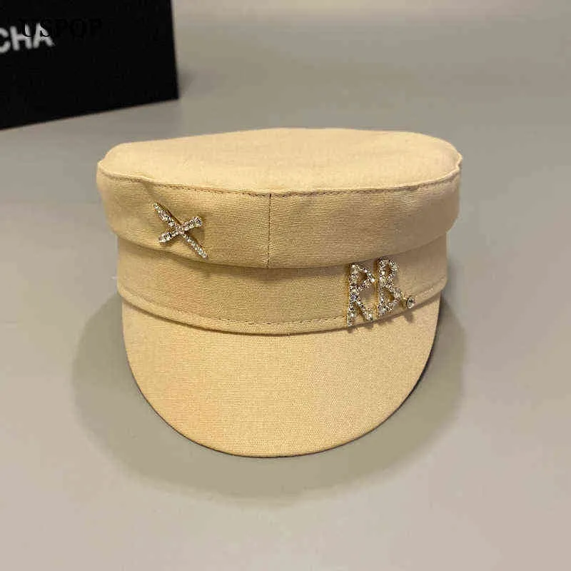 USPOP nouveau coton et lin strass lettre gavroche casquettes femmes plat militaire casquettes AA220304270r