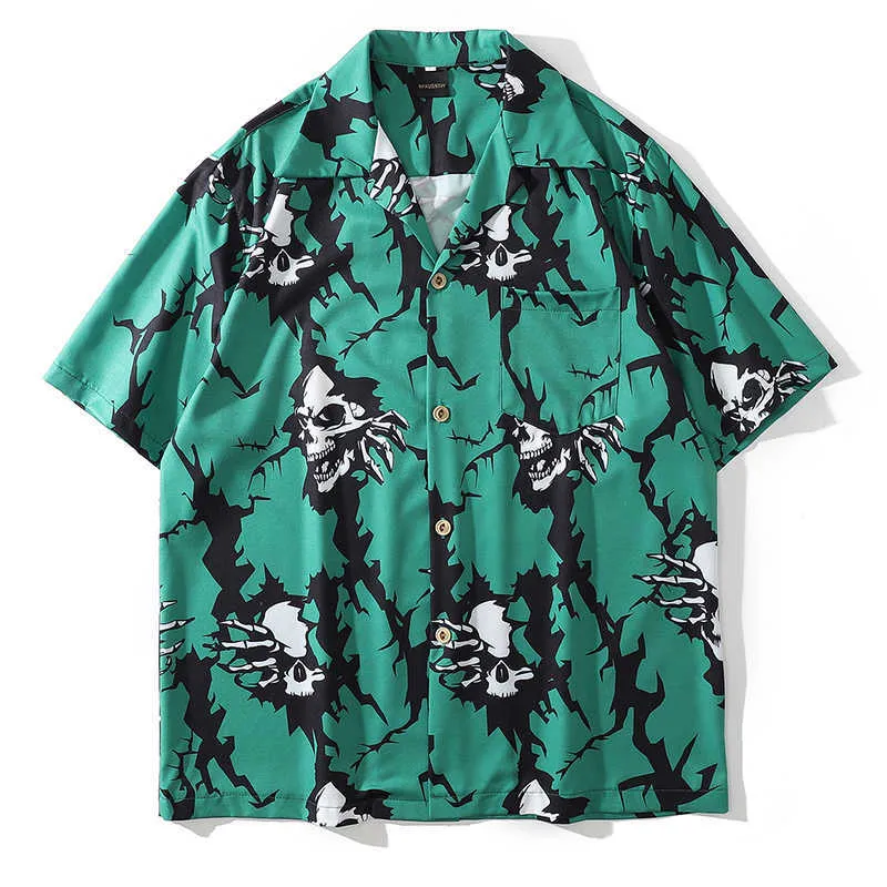 Черепа печать хип-хоп рубашки для мужчин Летняя пляжная рубашка негабаритная кнопка Японская уличная мода Harajuku Hawaiian 210721