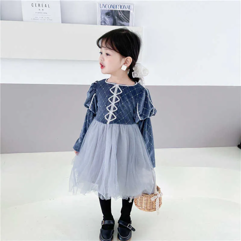 Partihandel Spring Girls Party Dresses Long Puff Sleeves Velvet Is och Snow Princess Girl Clothes E7048 210610