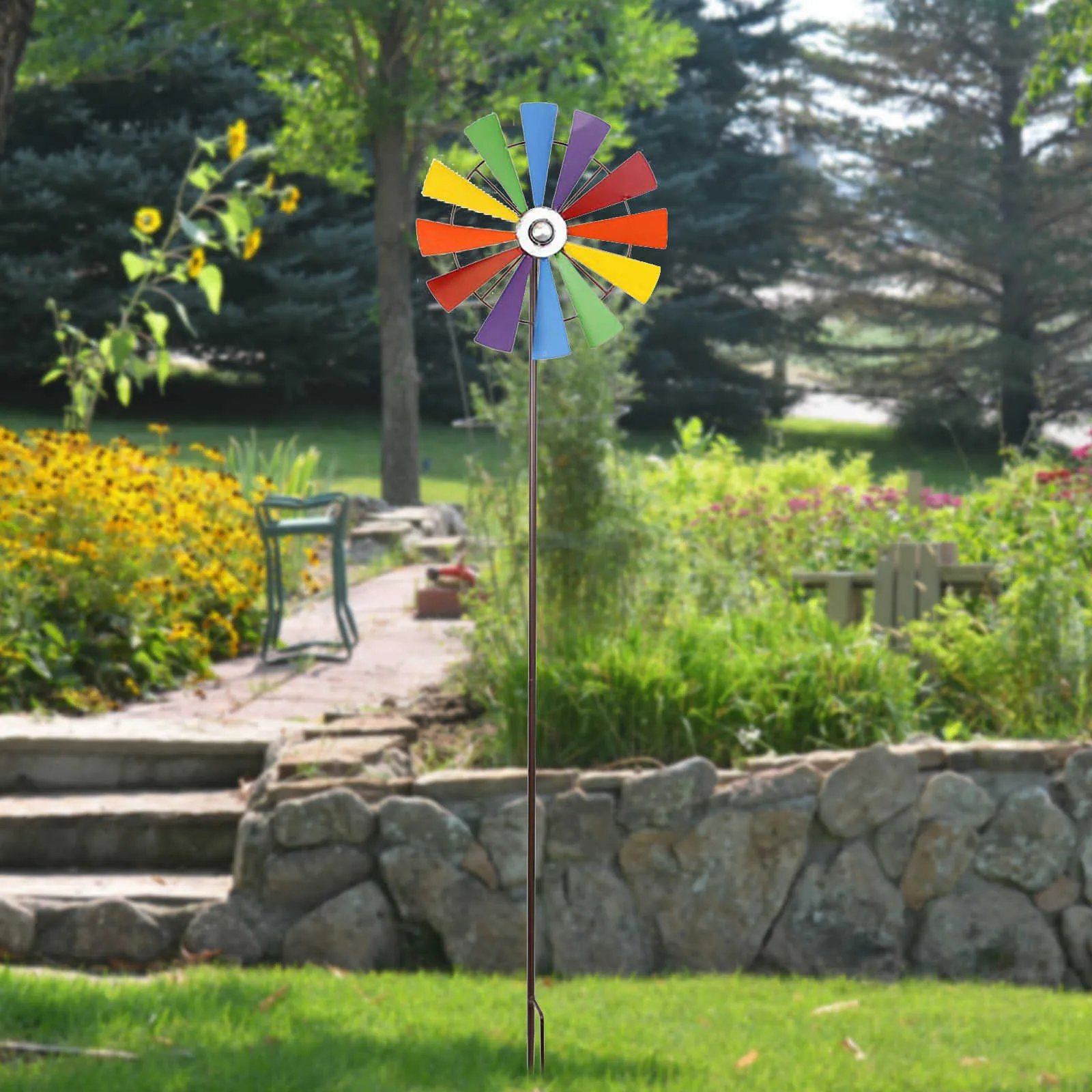 Large Metal Wind Spin With Colorful Flower Metal Windmill Garden Decoration Outdoor Stakes Kids Wind Spinners Q08117973403