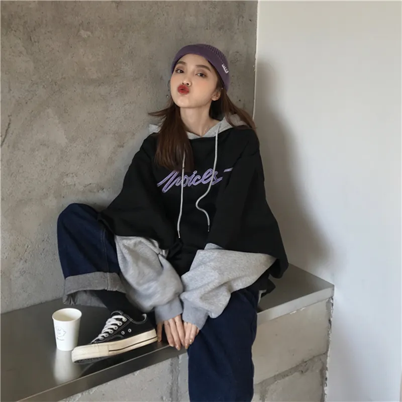 Felpe con cappuccio da donna patchwork falso 2 pezzi con cappuccio spesso caldo più velluto lettera unisex coppie fidanzato harajuku Kpop streetwear nuovo T200904