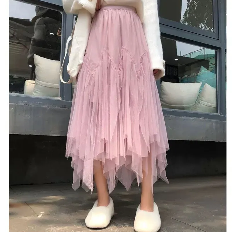 OHRYIYIE Women irregular Long Tulle Skirts Ladies High Waist Ankle-Length Tutu Maxi Skirts Beige Green Female Faldas Jupe Femme 210315