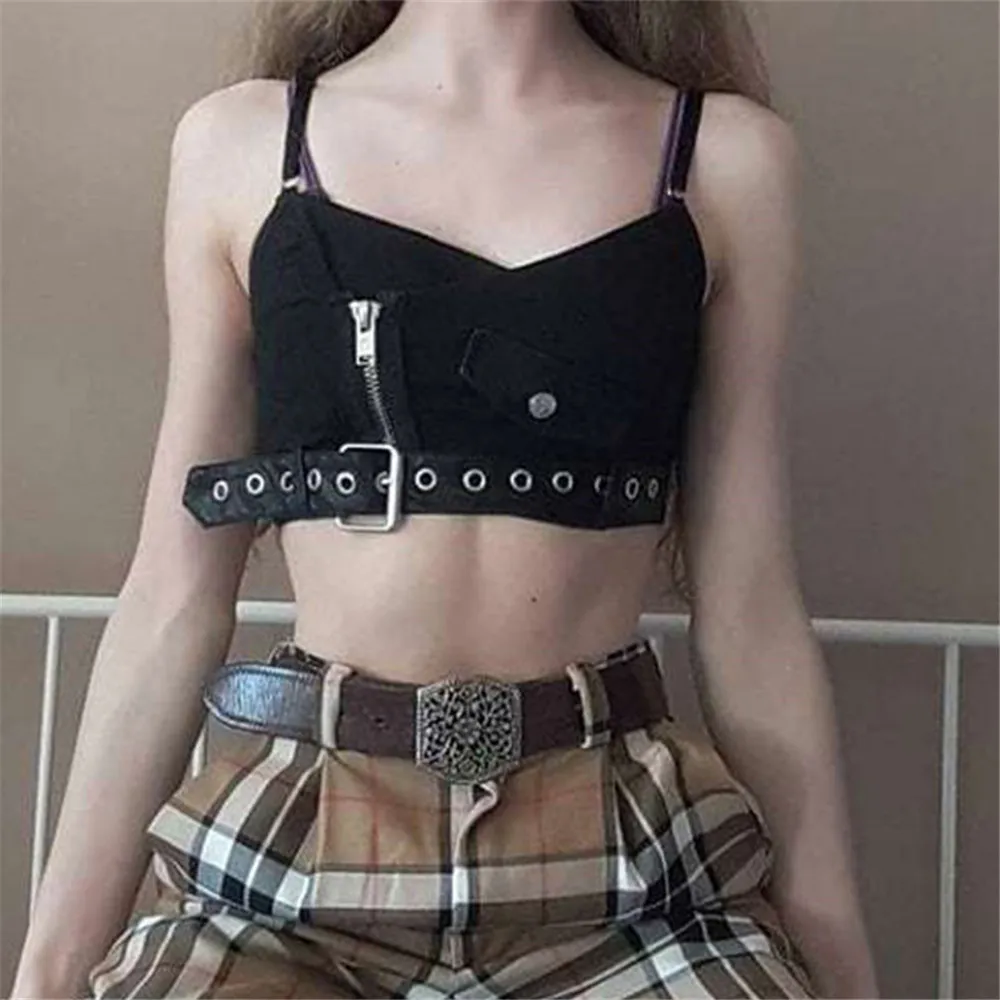 Rosetic Red Plaid Sexy Strap Débardeur Femmes Summer Crop Tops Mode Dos Nu Camis Goth Zip Pocket Streetwear Punk Girl Noir 210225