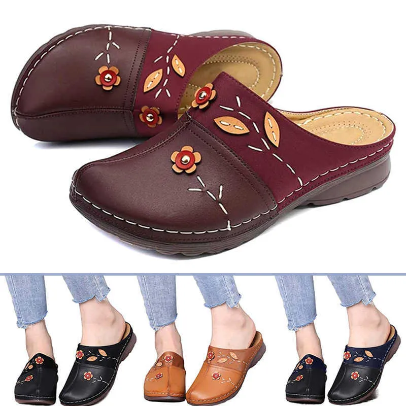 Haute qualité femmes sabots sandales dames confort bout fermé compensées plate-forme chaussures fleur pantoufle 210928