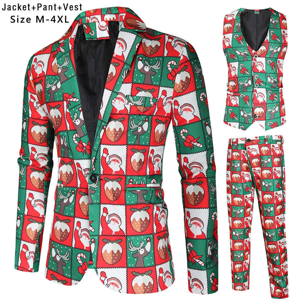 Santa Claus Printting Christmas Blazer Vest Pants Fashion One Breasted Slim Mens Striped Suit Set Terno Masculino M-4XL X0909