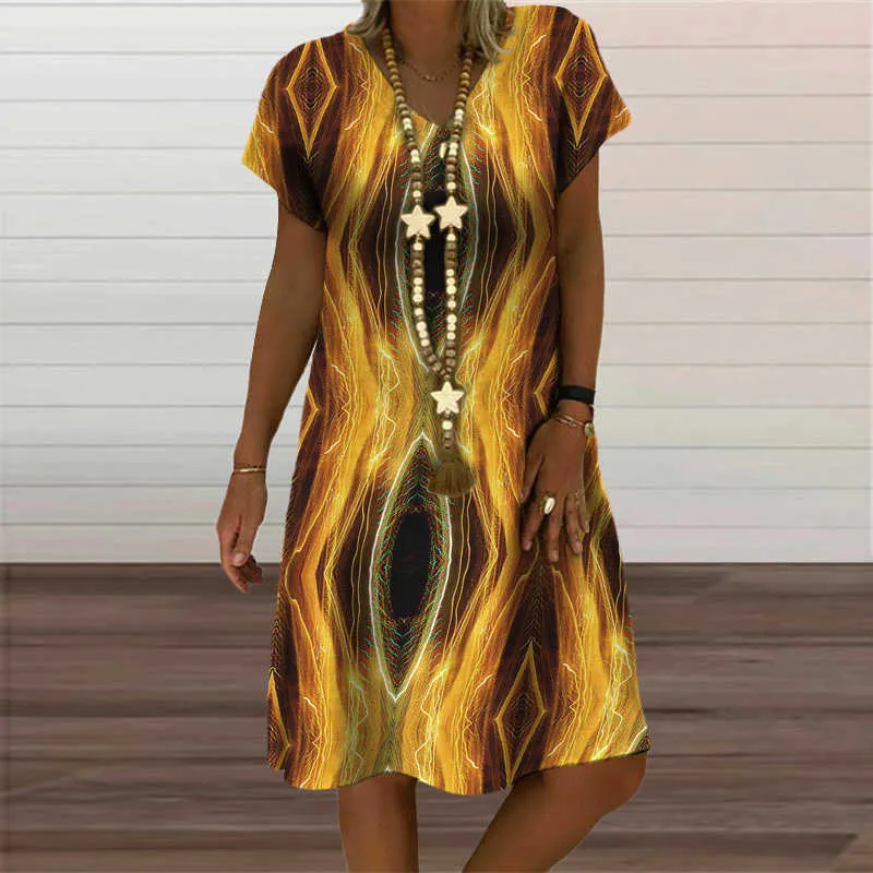 Улица мода цветочные напечатанные мини платья для женской одежды 2021 летние новые повседневные с короткими рукавом V-образным вырезом негабаритный свободное платье Y1006