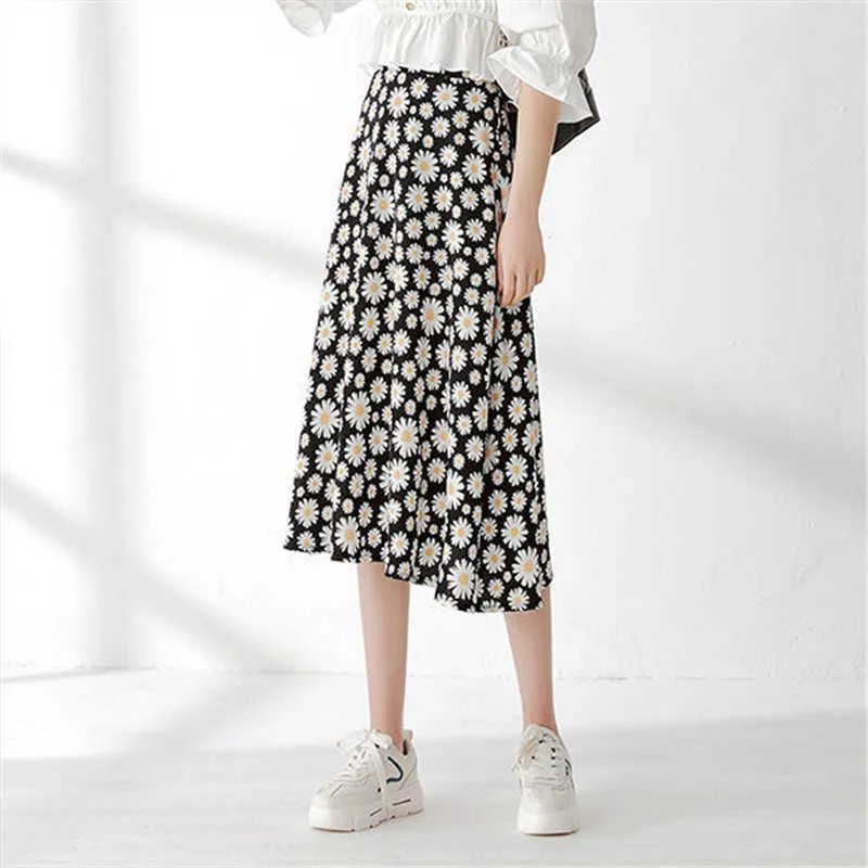 Korean Daisy Chiffon Printed Women Midi Skirts High Waist Casual Slim Female Long Skirt vintage Summer Fashion Ladies Bottoms 210619