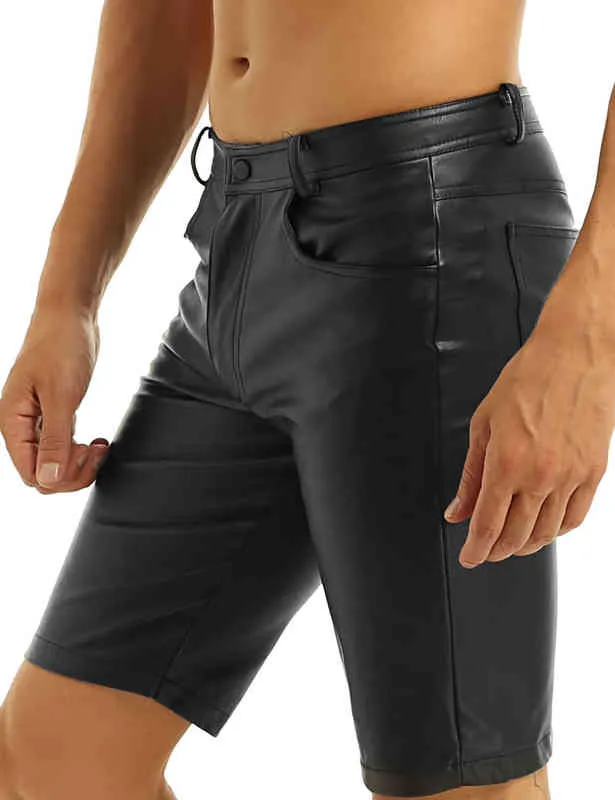 iiniim Schwarze Herren-Boxershorts aus Leder, halb mit Taschen, Hot-Shorts mit Reißverschluss für Herren-Club-Partykleidung H1210