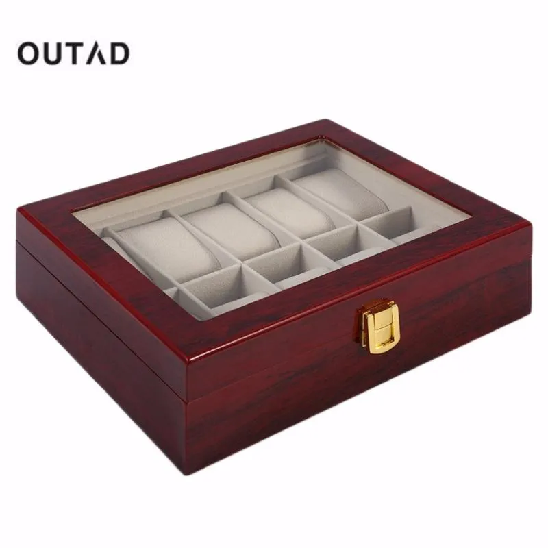 Titta på lådor Fall 10 rutnät Retro Red trätisplayfodral Hållbar förpackning Holder Jewelry Collection Lagringsorganisatör Box Caske2546