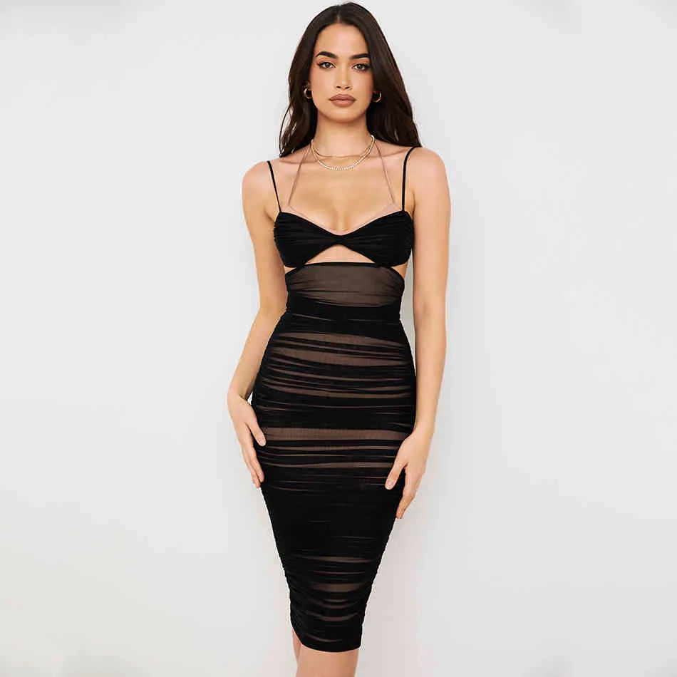 Dames creux drapé Sexy dos nu mi-longueur noir Spaghetti sangle robe d'été Club maille serré Vestidos 210525
