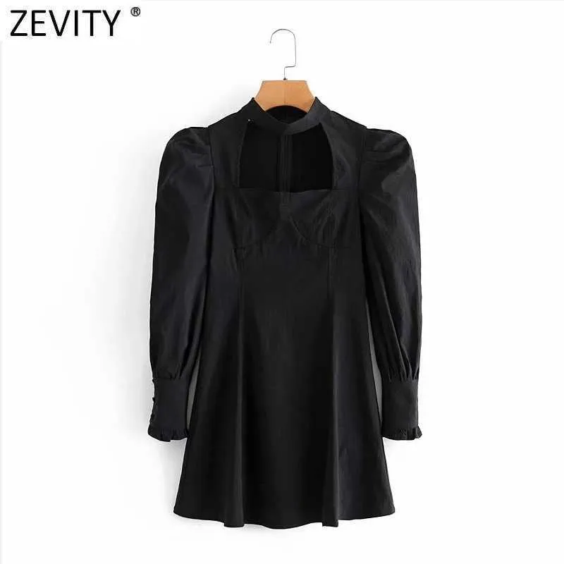 Zevity Femmes Vintage plis Puff douloureux Noir Mini robe Lady Chic Court Style Collier carré Retour Zipper Slim Vestido DS4774 210603