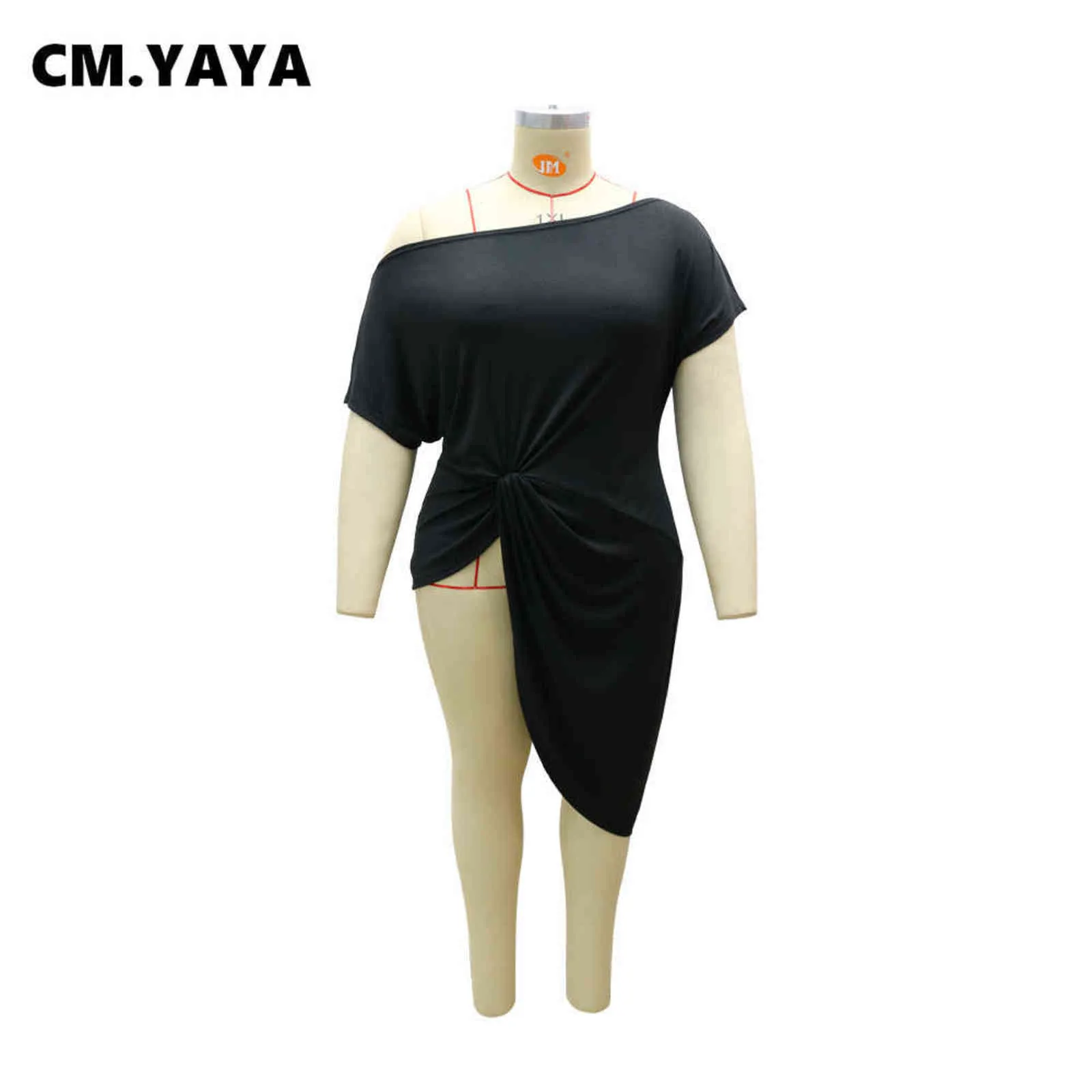 cm.yaya 여성 티셔츠 플러스 사이즈 L-5XL 단단한 스큐 칼라 반소매 비대칭 긴 티셔츠 여성 캐주얼 스트리트 탑 티 211116