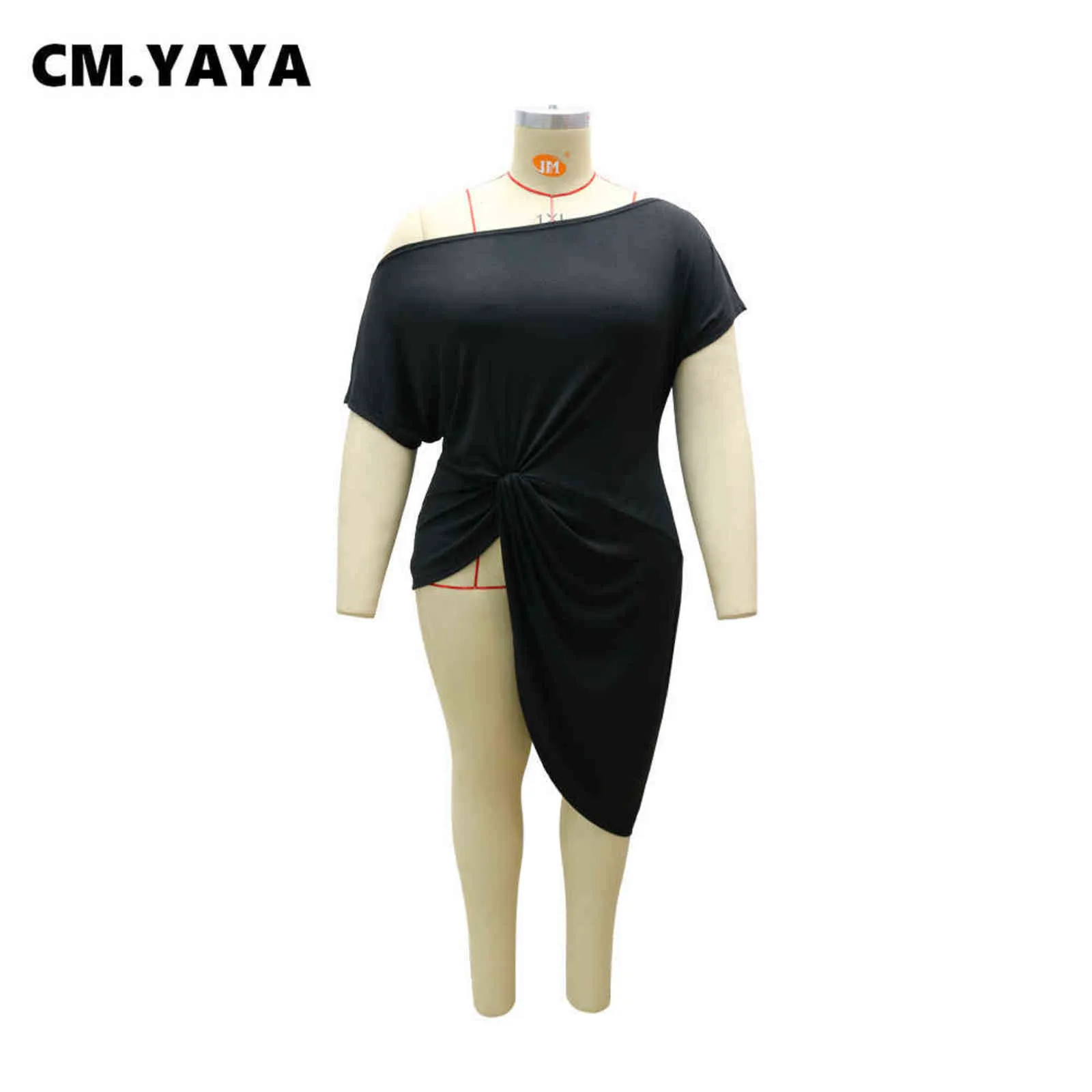 CM.YAYA T-shirt da donna Taglie forti L-5XL Colletto obliquo solido Manica corta T-shirt lunghe asimmetriche Donna Casual Street Top Tee 211116