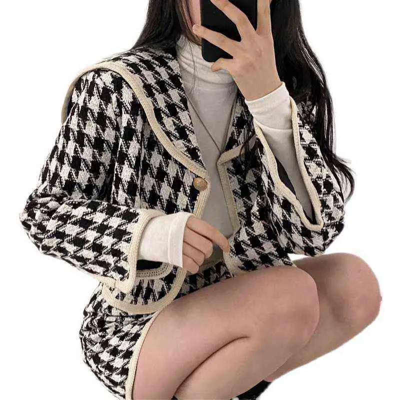 Kimotimo Kvinnor Plaid Tweed Set Korean Ins Vintage Sailor Collar Långärmad Crop Coat + High Waist Mini Skirt Två Piece Sets 211106