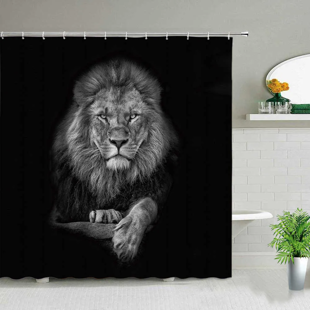 Africa Animali Elefante Leone Zebra Leopardo Stampa 3d Tende da doccia Impermeabile Tenda da bagno Set Decorazione vasca da bagno con ganci 210915