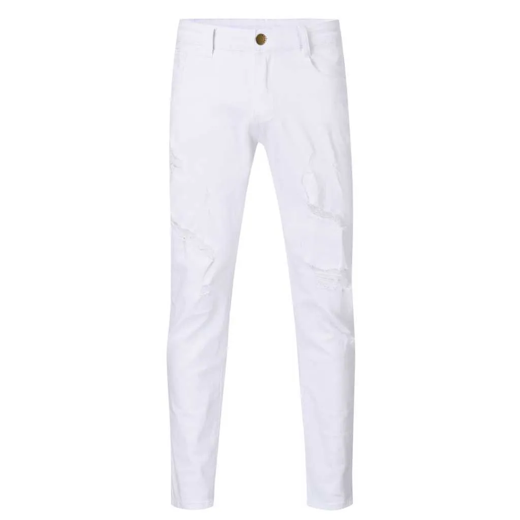 Pantalones Vaqueros Hombre Men's Fashion Denim Hole Trouser Distressed Jeans Long Pencil Pants Streetwear X0621