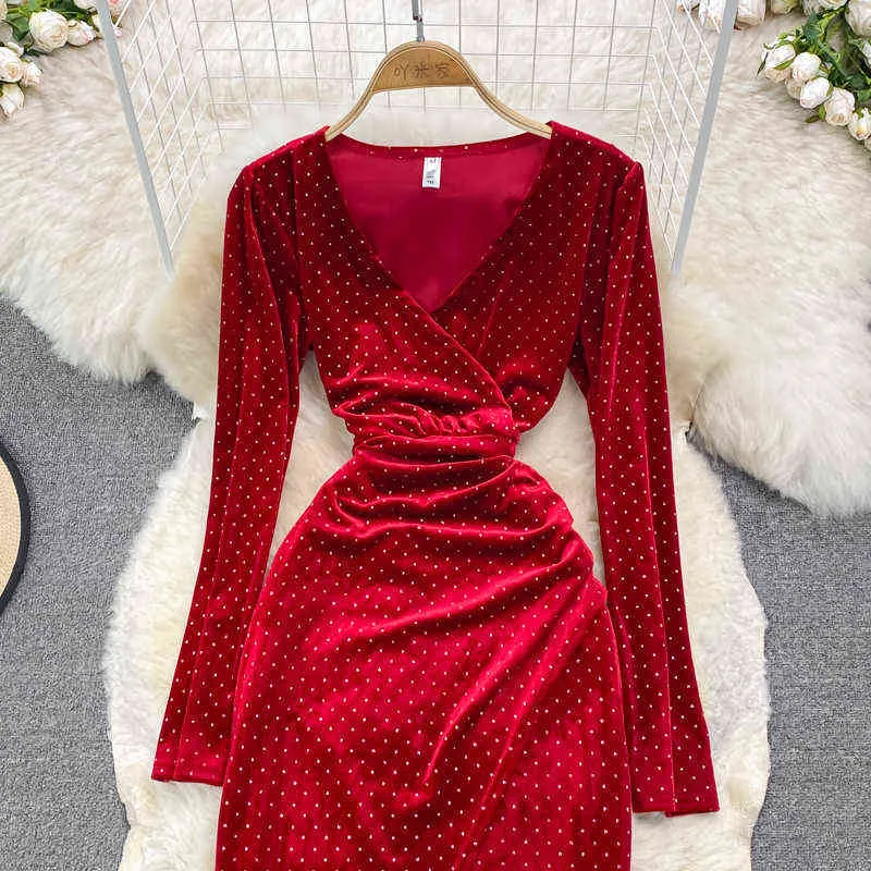 Herbst Winter Schwarz/Rot Polka Dot Samt Party, Figurbetontes Kleid Vintage V-ausschnitt Langarm Hohe Taille Mantel Split Vestidos neue Y1204