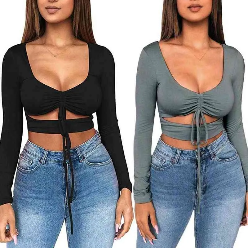 Solid Färg Sexiga Kvinnor Ruched Tie Up Crop Top Basic Långärmad Klipp ut T-tröja G220228