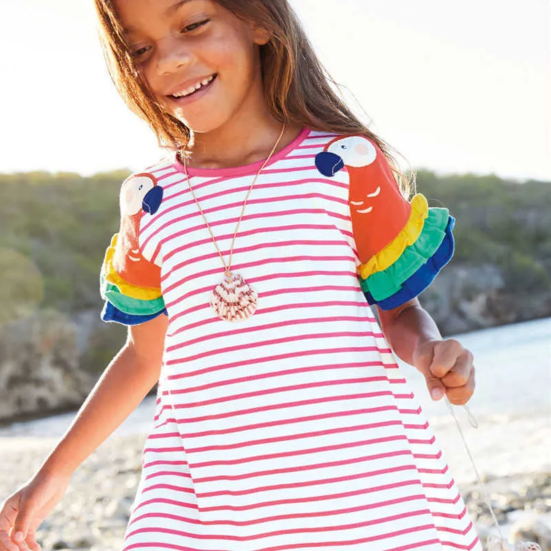 Atlama Metre Şerit Yaz Çocuk Elbiseleri Kuş Aplike ile Sevimli Amerikan Tarzı Pamuk Prenses Kız Elbise Giysileri 210529