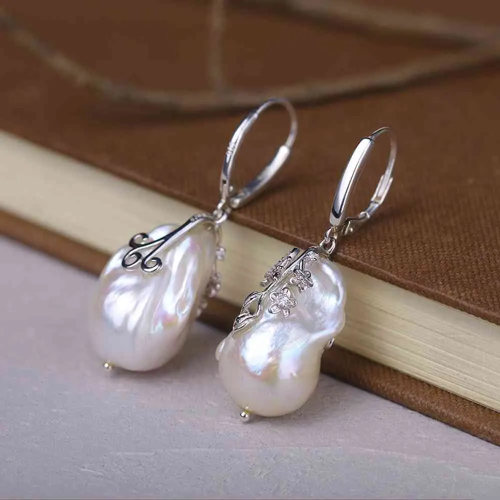 Boucles d'oreilles pendantes en argent Sterling 925, perle d'eau douce, fleur, forme irrégulière baroque, marque de luxe, bijoux fins pour mère