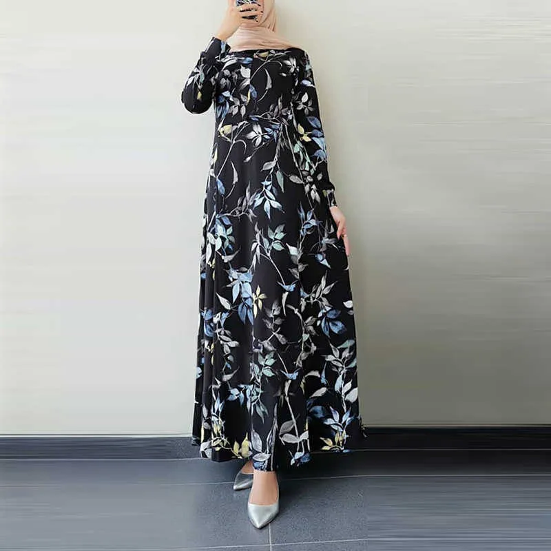Robe longue musulmane pour femmes Vintage col rond grande balançoire imprimé floral robes femme hijab robes à manches longues robe maxi 210712