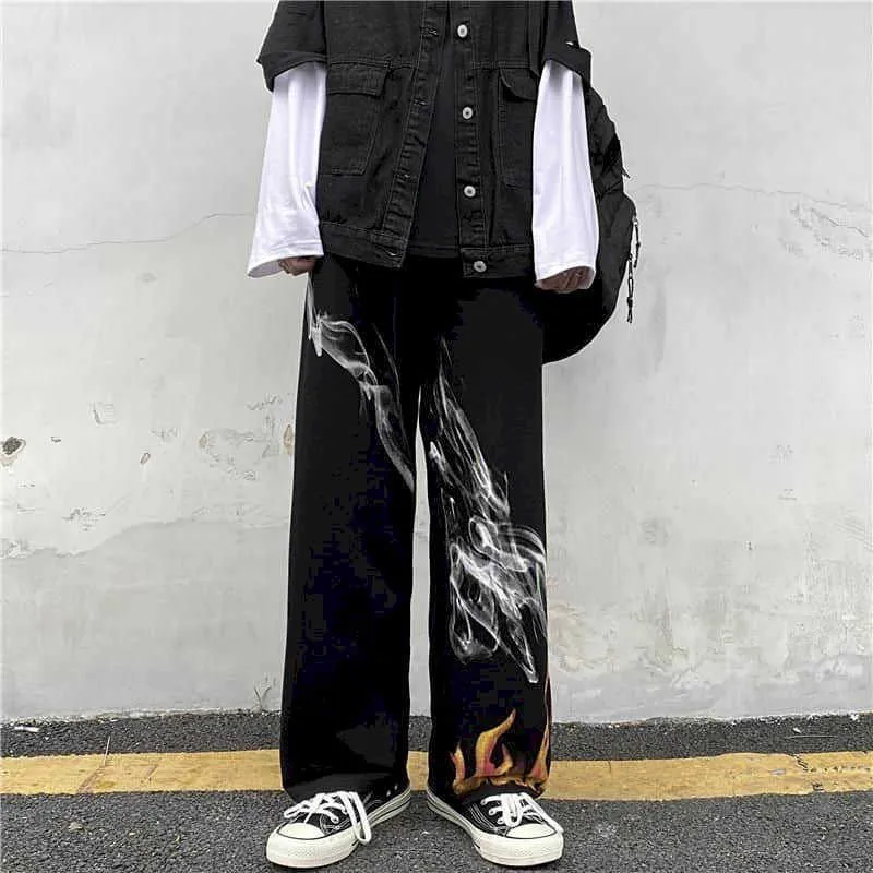 Plus Size Woman Pants Gothic Clothes 2021 Korean Retro Harajuku Trend Dark Print Casual Pants Straight Wide Leg Bottom Q0801